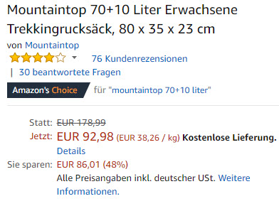 Походный рюкзак MountainTop 70 + 10 L скидка  48% из магазина Amazon (Германия)