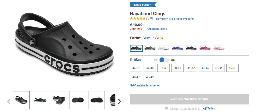2 пары обуви за 40 € скидка до 70% из магазина Crocs (Германия)