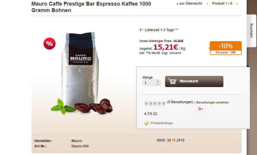 Кофе эспрессо в зернах скидка 10% из магазина Kaffee-espresso24 (Германия)