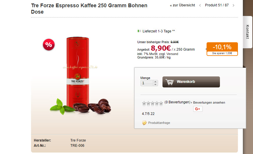 Кофе эспрессо в зернах скидка 10% из магазина Kaffee-espresso24 (Германия)
