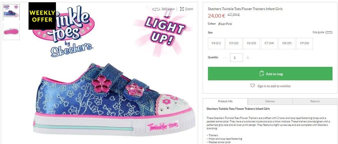 Обувь для малышей с подсветкой Twinkle Toes скидка 50% из магазина Sports Direct (Германия)