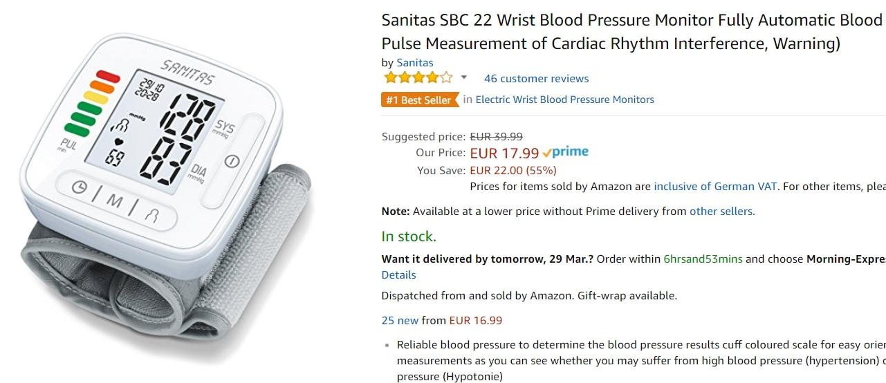 Sanitas sbc 22 тонометр для запястья скидка 55% из магазина Amazon (Германия)