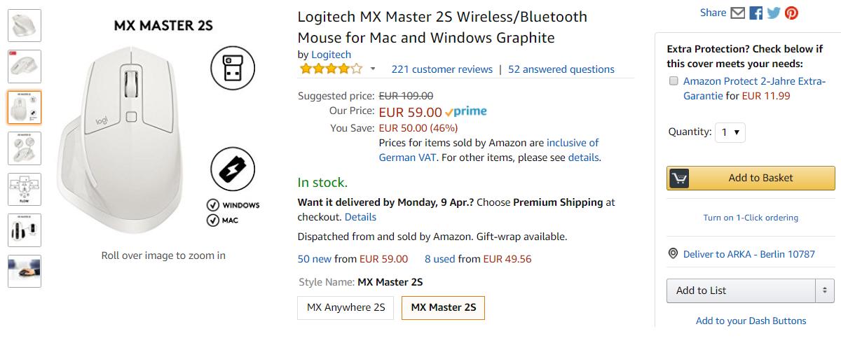 Беспроводная мышь Logitech MX Master 2S  скидка 46% из магазина Amazon (Германия)
